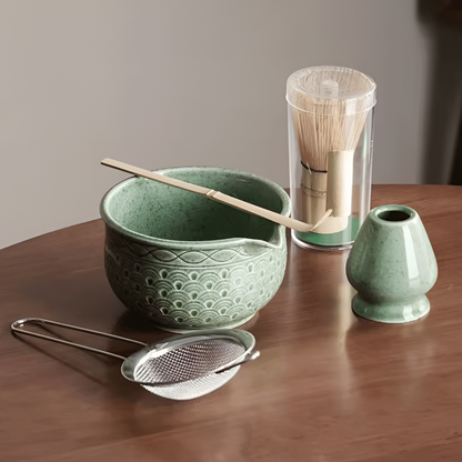 Matcha szett 5/6 részes | Zöld kerámia tál 500 ml | Bambusz kiegészítőkkel