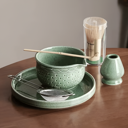 Matcha szett 5/6 részes | Zöld kerámia tál 500 ml | Bambusz kiegészítőkkel