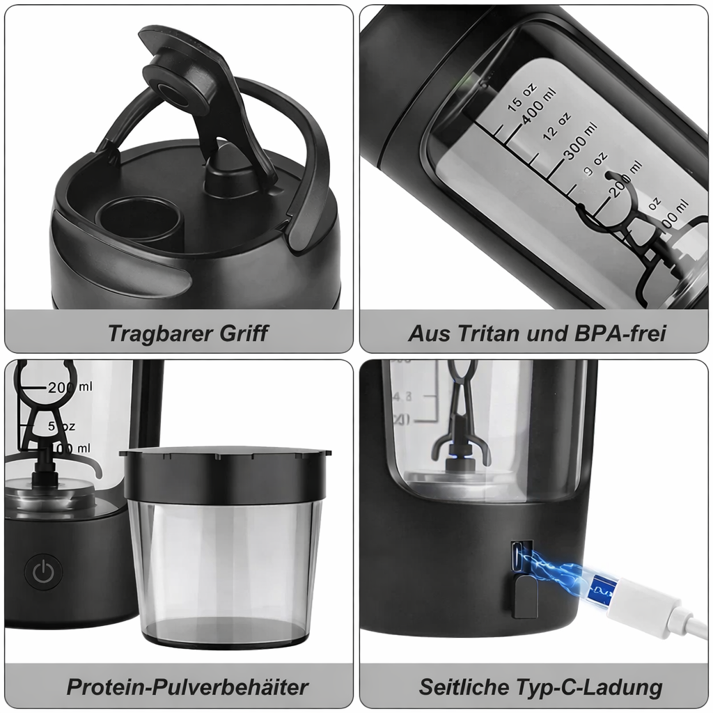 Shakora | Shaker elettrico per proteine con batteria, ricarica USB e design a prova di perdite