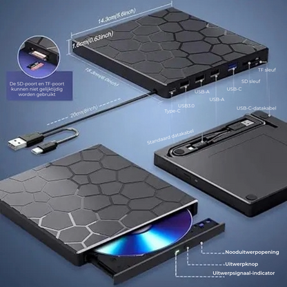 Spinvara | Grabadora DVD externa USB 3.0 y USB-C con hub y lector de tarjetas SD