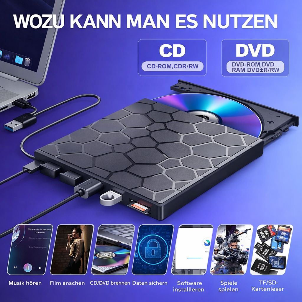 Spinvara | Grabadora DVD externa USB 3.0 y USB-C con hub y lector de tarjetas SD