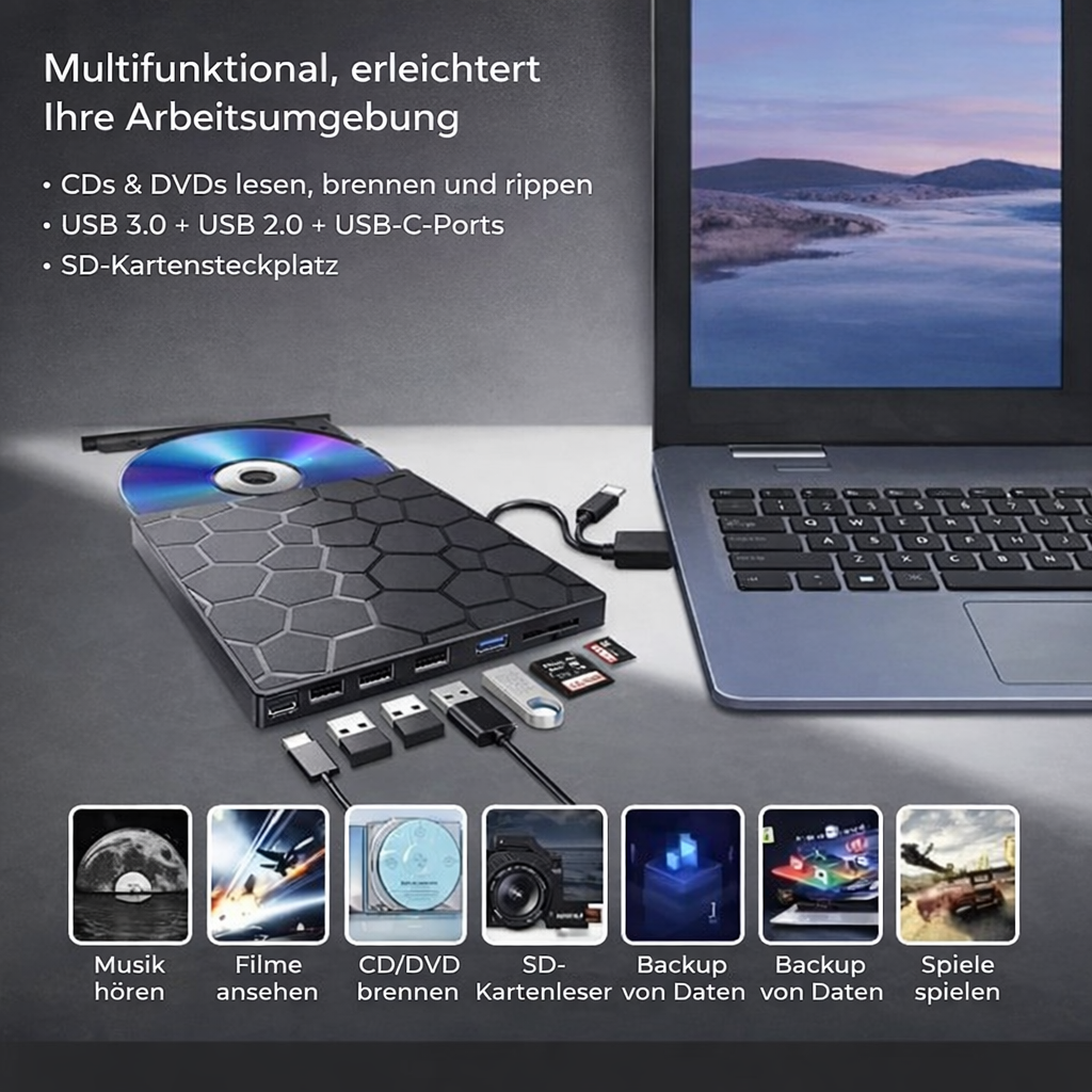 Spinvara | Grabadora DVD externa USB 3.0 y USB-C con hub y lector de tarjetas SD