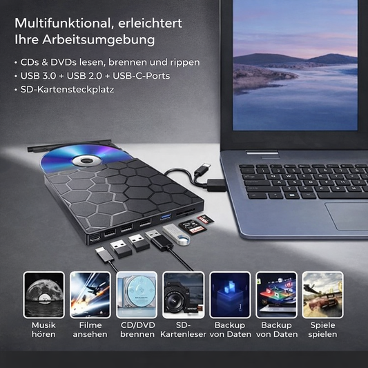 Spinvara | Externes DVD Laufwerk mit USB 3.0, USB-C, Hub und SD-Kartenleser