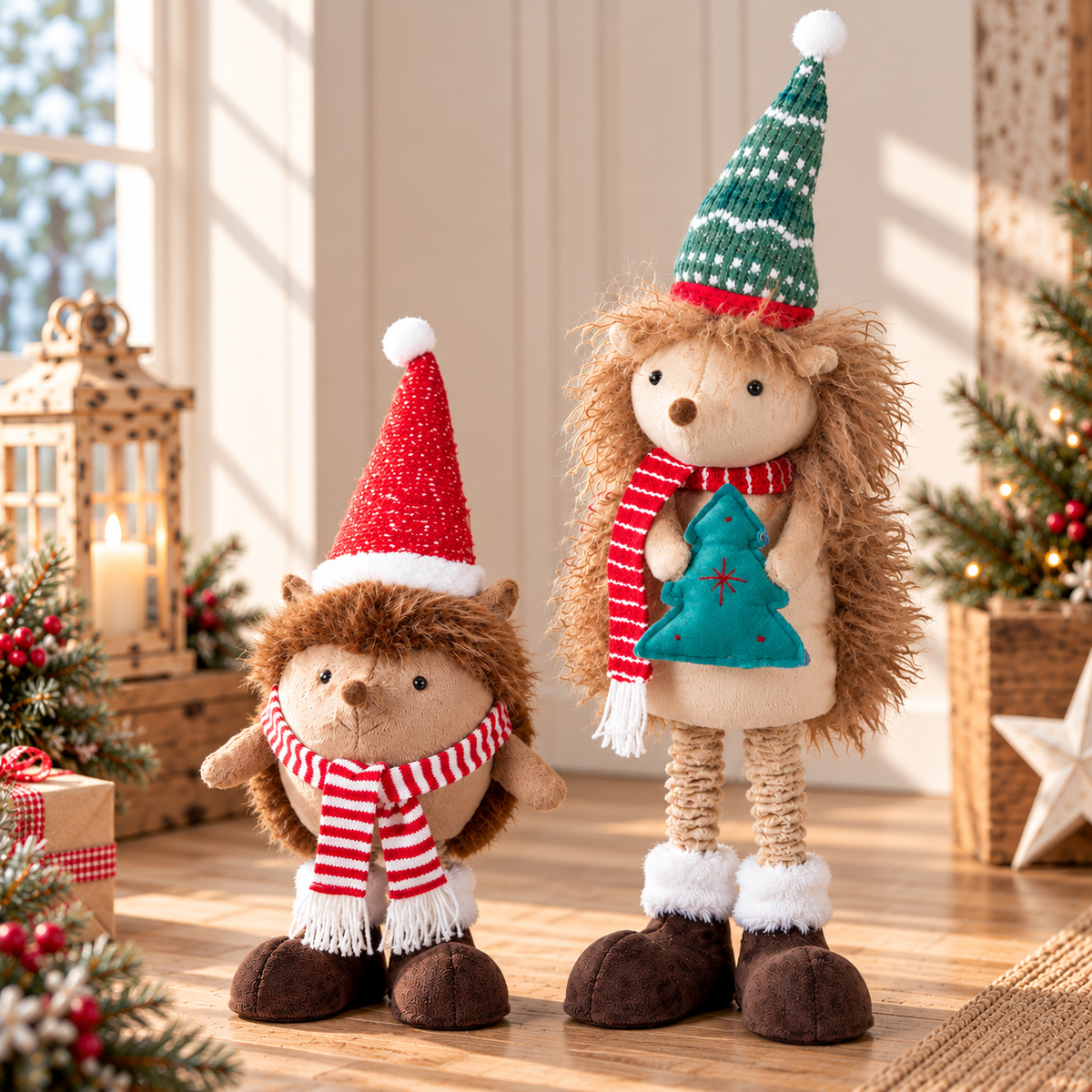Pikkel | Erizo de peluche de pie para Navidad con patas extensibles, 45–75 cm