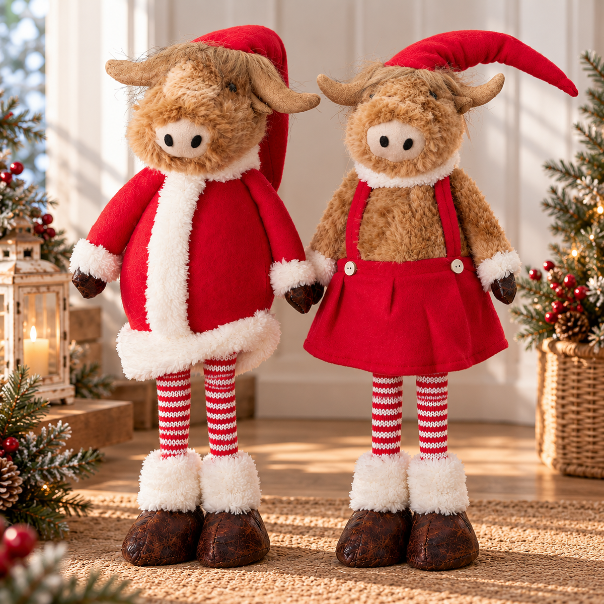 Mossla | Bue delle Highlands in peluche da seduto per Natale con cappello, 66 cm