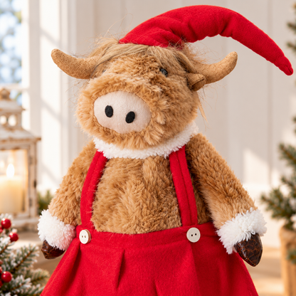 Mossla | Bue delle Highlands in peluche da seduto per Natale con cappello, 66 cm