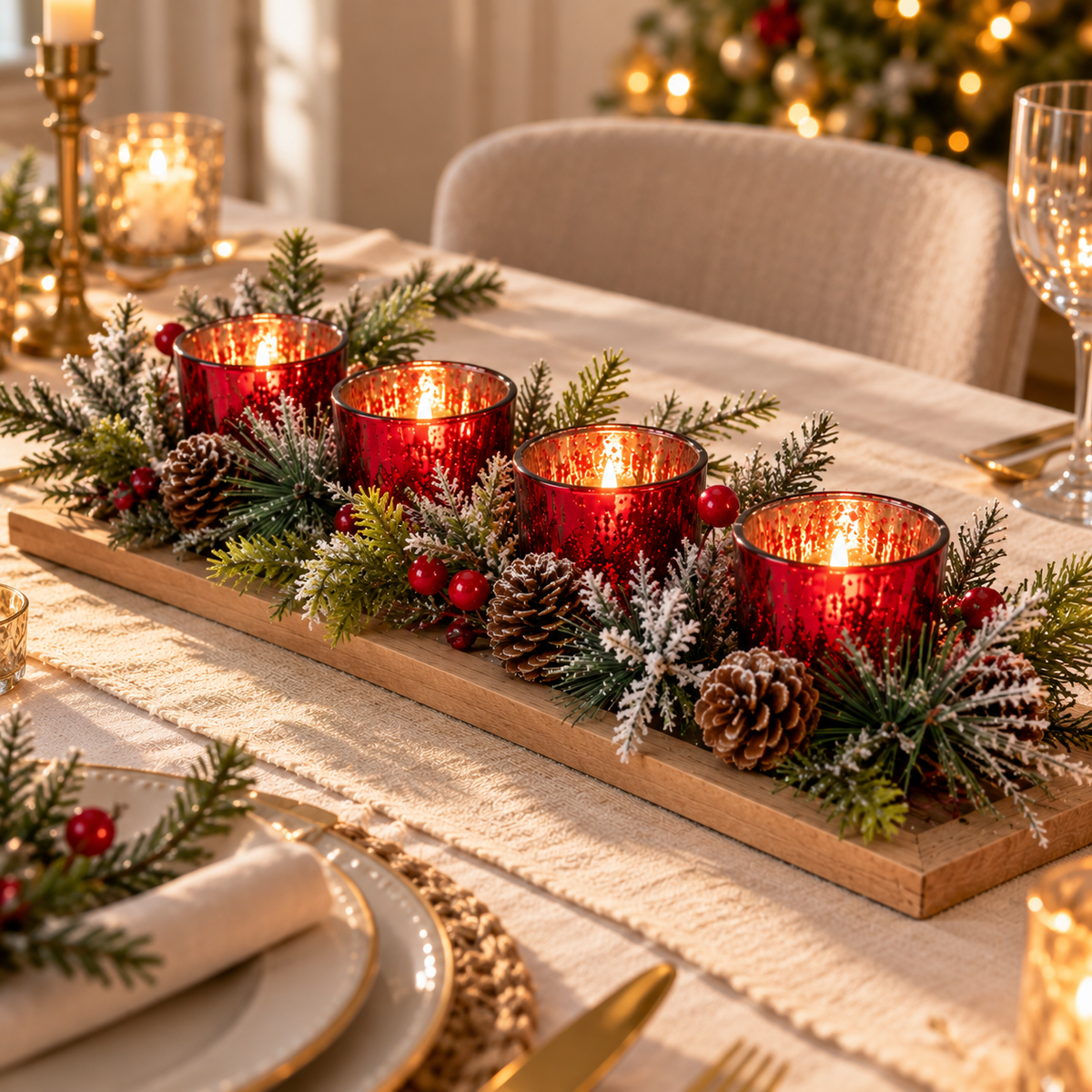 Torari | Teelichthalter Weihnachten auf Holztablett mit 4 Gläsern und Tannengrün
