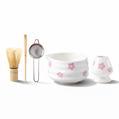 Matcha Set 5-Piece | White Floral Bowl 460 ml | With Bamboo Whisk | Ceramic