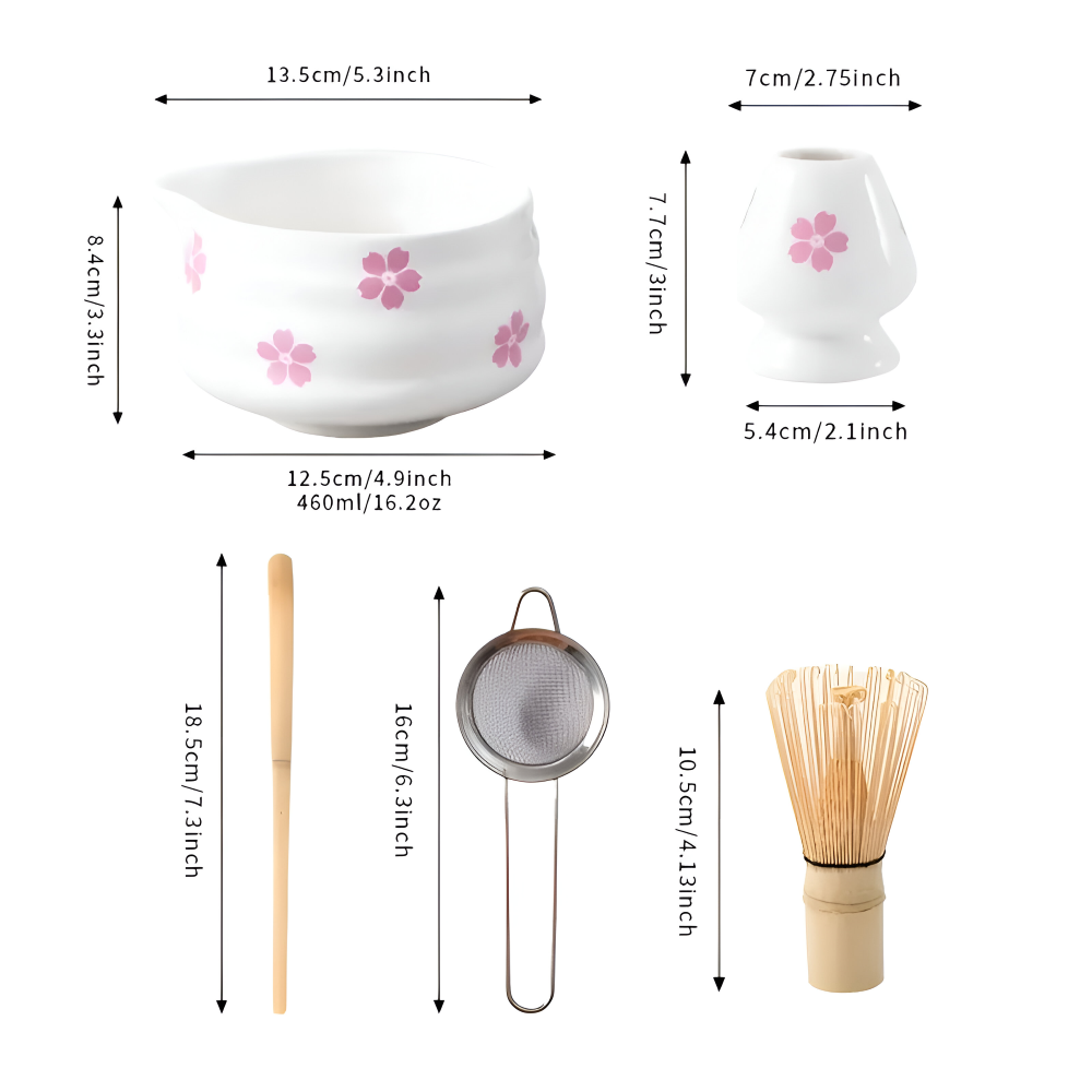 Matcha Set 5-Piece | White Floral Bowl 460 ml | With Bamboo Whisk | Ceramic