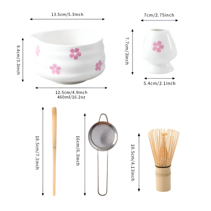Matcha Set 5-Piece | White Floral Bowl 460 ml | With Bamboo Whisk | Ceramic