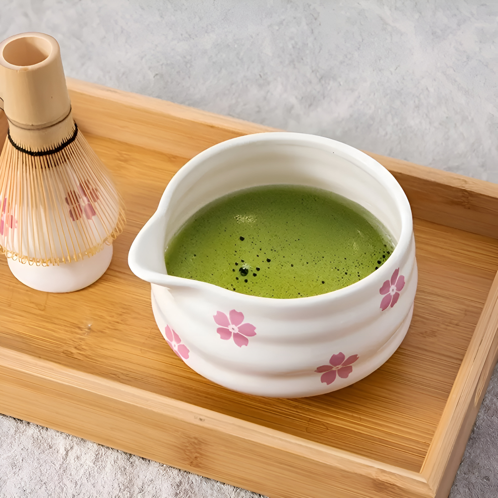 Matcha Set 5-Piece | White Floral Bowl 460 ml | With Bamboo Whisk | Ceramic