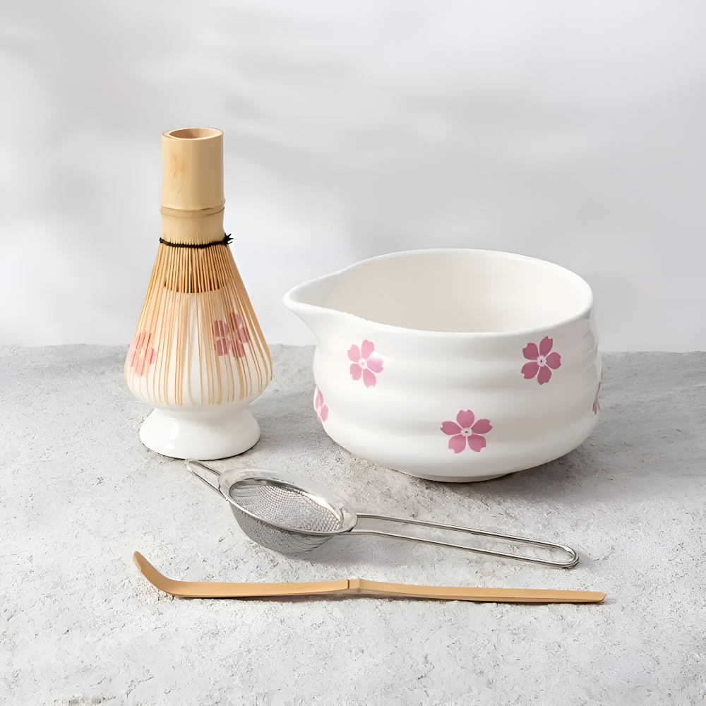 Matcha Set 5-Piece | White Floral Bowl 460 ml | With Bamboo Whisk | Ceramic
