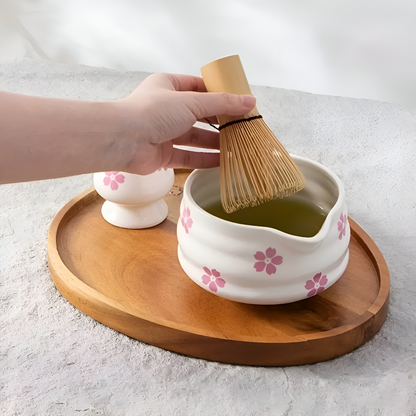 Matcha Set 5-Piece | White Floral Bowl 460 ml | With Bamboo Whisk | Ceramic