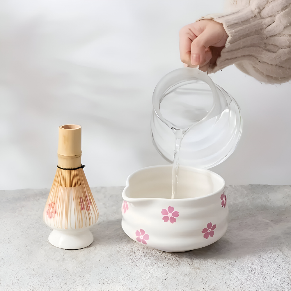 Matcha Set 5-Piece | White Floral Bowl 460 ml | With Bamboo Whisk | Ceramic