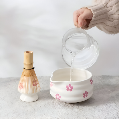 Matcha Set 5-Piece | White Floral Bowl 460 ml | With Bamboo Whisk | Ceramic
