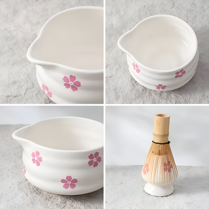 Matcha Set 5-Piece | White Floral Bowl 460 ml | With Bamboo Whisk | Ceramic