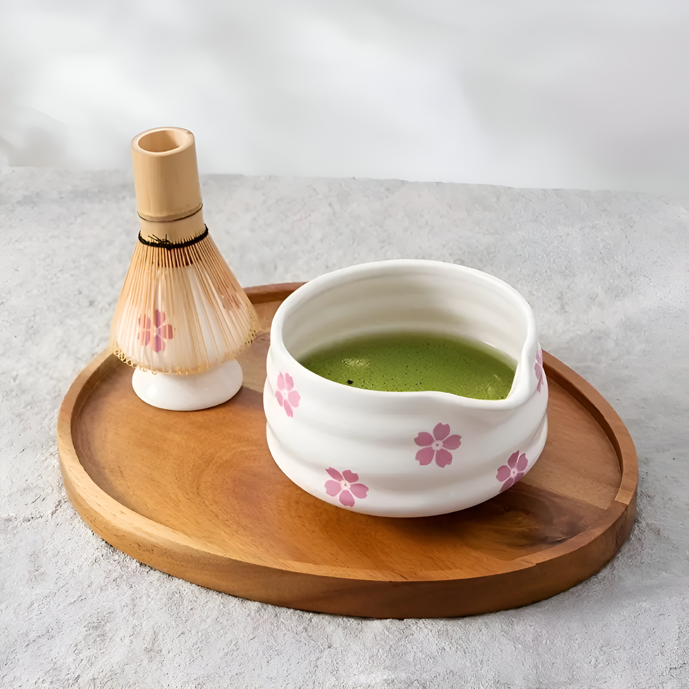 Matcha Set 5-Piece | White Floral Bowl 460 ml | With Bamboo Whisk | Ceramic