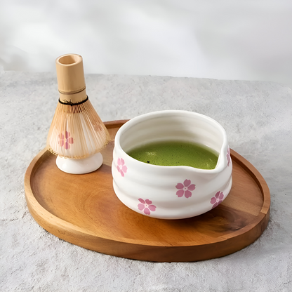 Matcha Set 5-Piece | White Floral Bowl 460 ml | With Bamboo Whisk | Ceramic