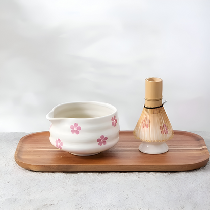 Matcha Set 5-Piece | White Floral Bowl 460 ml | With Bamboo Whisk | Ceramic