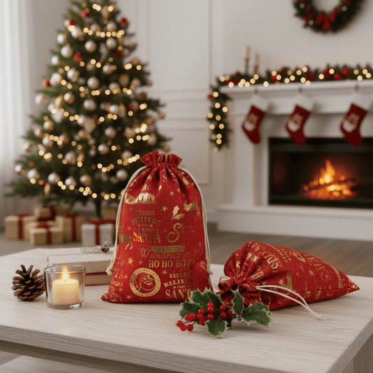 Sackora | Bolsas de regalo de yute con cordón, set de 2 para Navidad