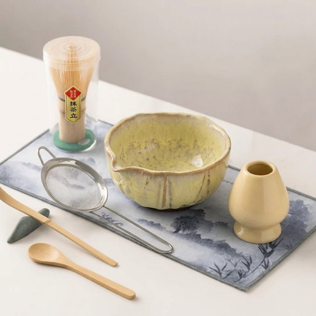 Set de matcha 8 pièces | Bol en céramique fabriqué à la main 550 ml | Avec accessoires en bambou