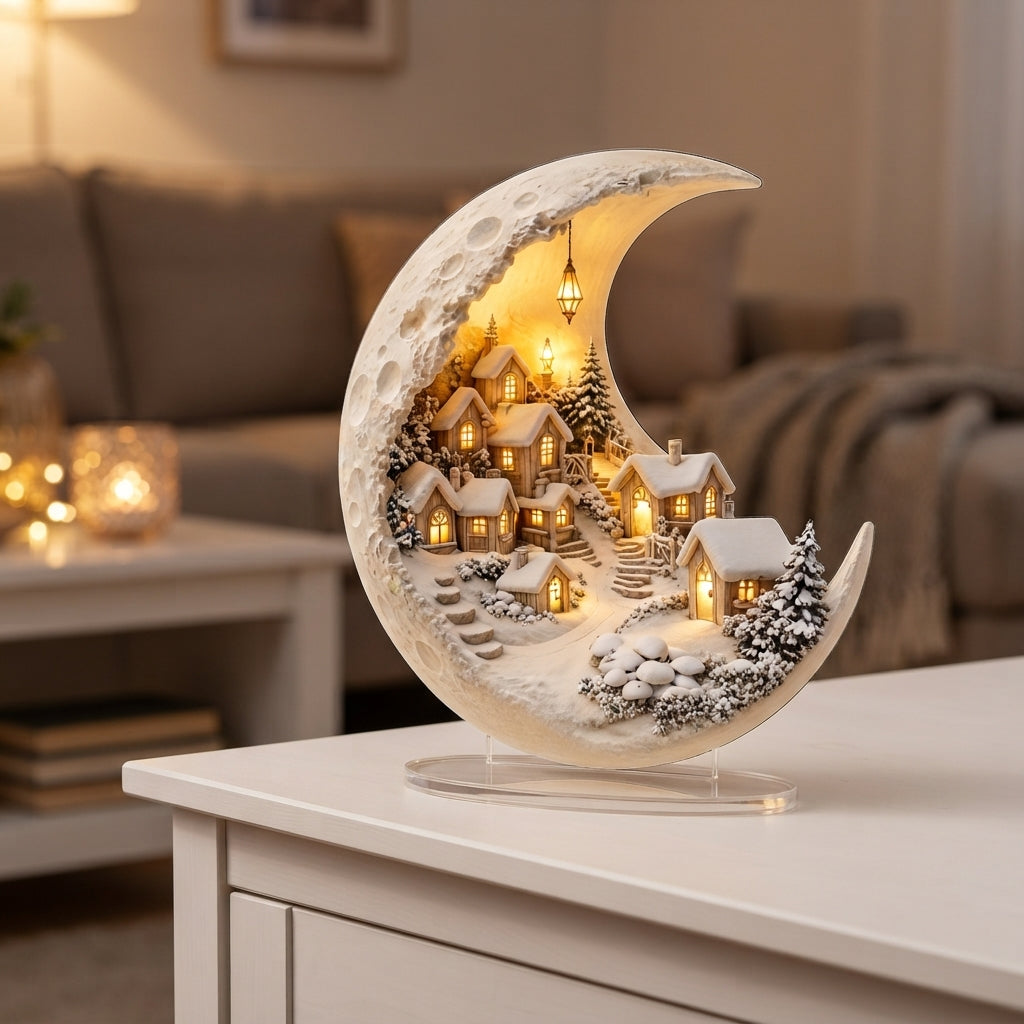 Lunivra | Adorno de pueblo invernal de acrílico, luna creciente 20 × 17 cm