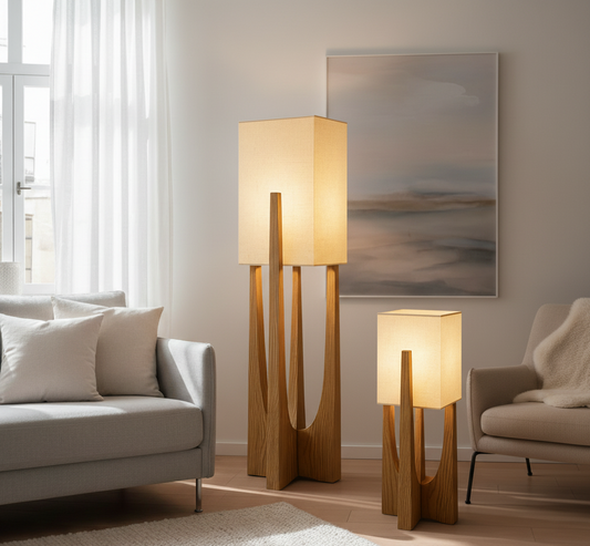 Wabi Sabi Stehlampe | Japanisches Design | Handgefertigt aus Stoff & Holz