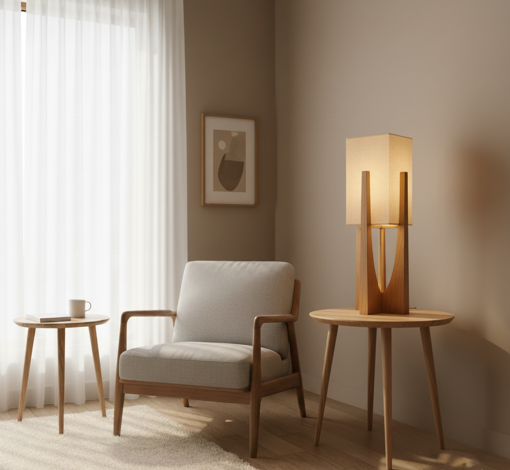 Wabi Sabi Stehlampe | Japanisches Design | Handgefertigt aus Stoff & Holz
