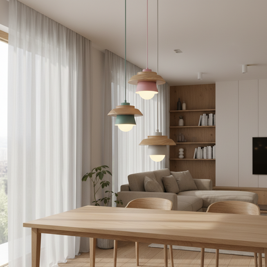 ScandiGlow Pendelleuchte – Skandinavischere LED Hängelampe aus Holz & Metall im Macaron-Design