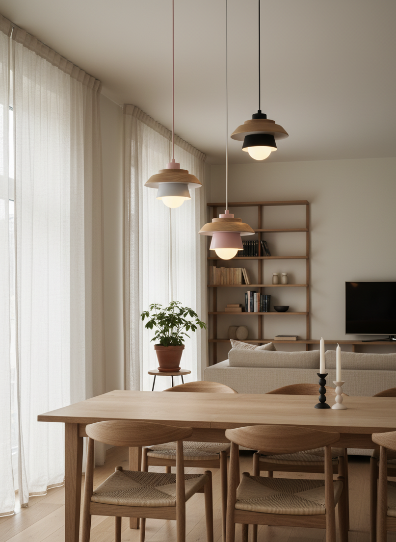 ScandiGlow Lampada a sospensione – Lampada a sospensione LED scandinava in legno e metallo dal design Macaron