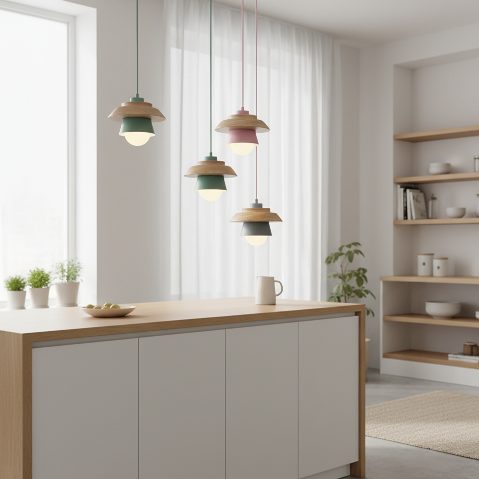 ScandiGlow Lampada a sospensione – Lampada a sospensione LED scandinava in legno e metallo dal design Macaron