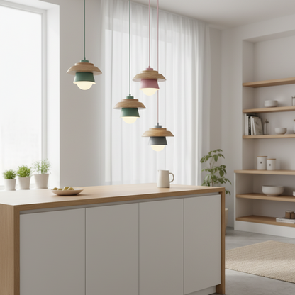 ScandiGlow Lampada a sospensione – Lampada a sospensione LED scandinava in legno e metallo dal design Macaron