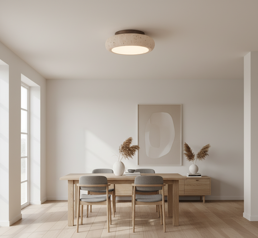 Rava Lys | Wabi Sabi Travertin Deckenleuchte mit Holzdetail