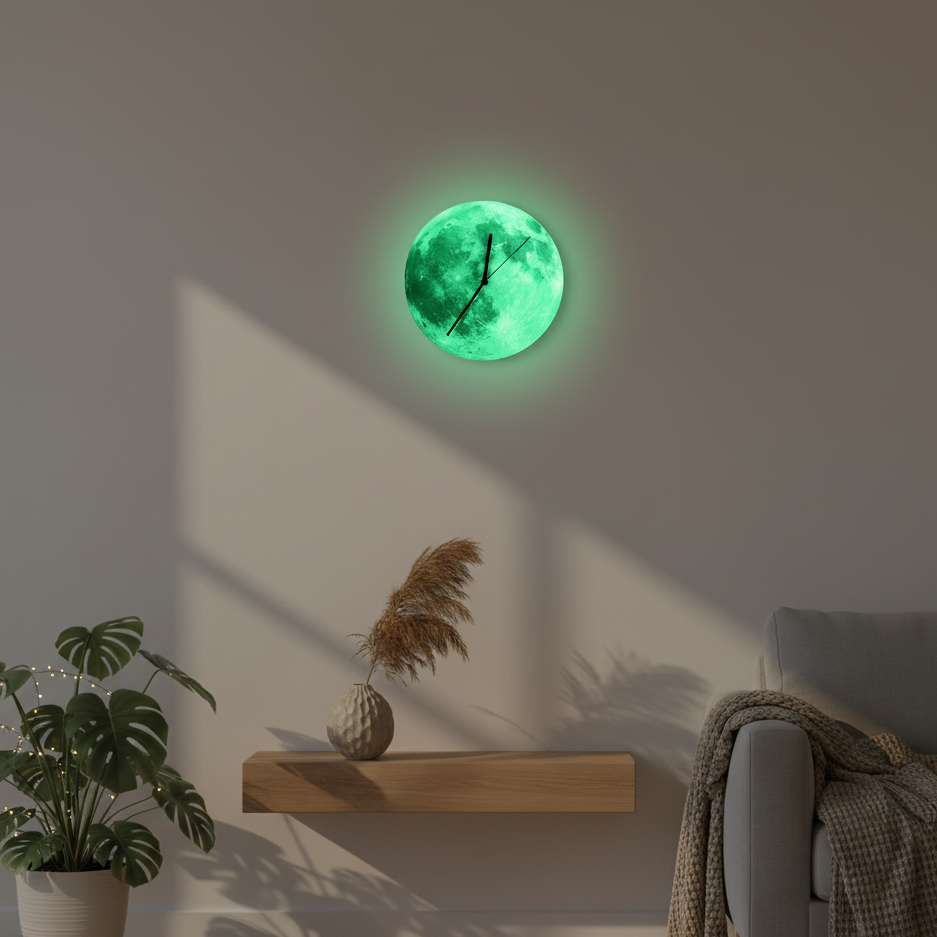Lunaris Glow | Orologio da parete lunare luminoso al buio | Design da parete luminoso per giorno e notte