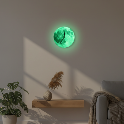 Lunaris Glow | Orologio da parete lunare luminoso al buio | Design da parete luminoso per giorno e notte
