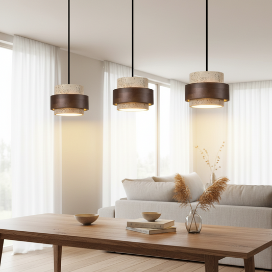 Vira Sabi | Lampada a sospensione in travertino e legno in stile Wabi-Sabi