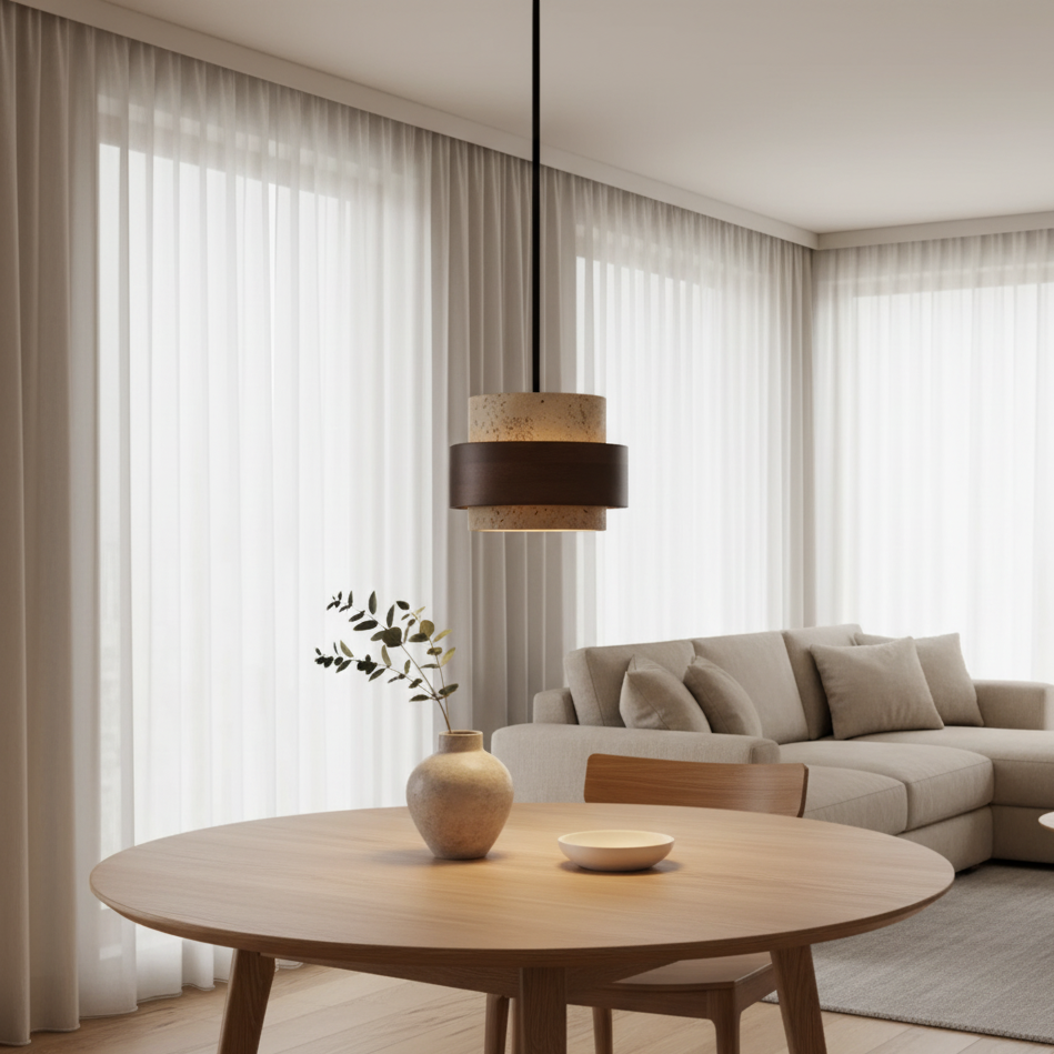 Vira Sabi | Lampada a sospensione in travertino e legno in stile Wabi-Sabi