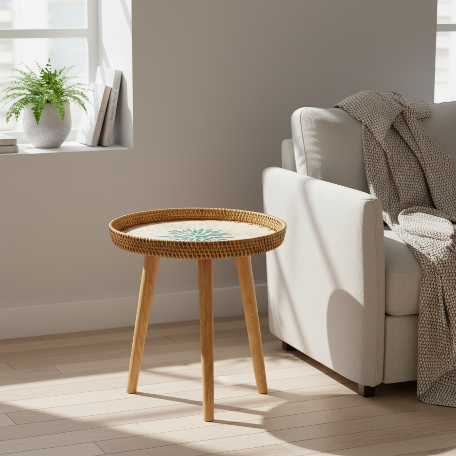 Round Coffee Table | Handmade Rattan Table | Scandinavian Design | Wood