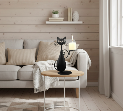 Noctura Catlight | Portacandele nero a forma di gatto in metallo