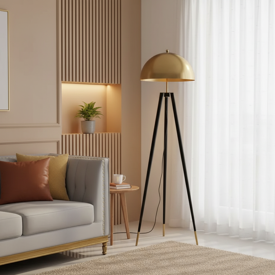Lampada da terra Solano Coyote – Lampada di lusso a treppiede con paralume dorato dal design moderno