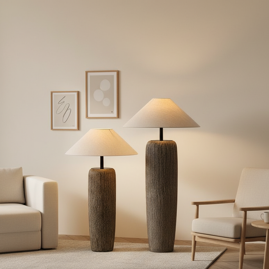 Norvyn Root | Lampada da terra scandinava in legno invecchiato con paralume in tessuto