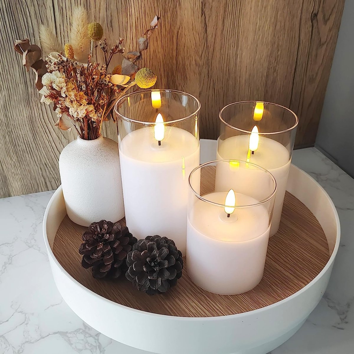 Glasmira | LED Kerzen im Glas, 3er Set stufenlos dimmbar mit Timer