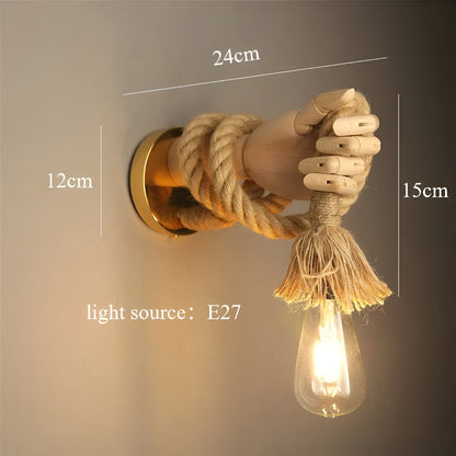 Lampada da parete RetroHand | Corda di canapa e legno fatti a mano | Design vintage con portalampada E27