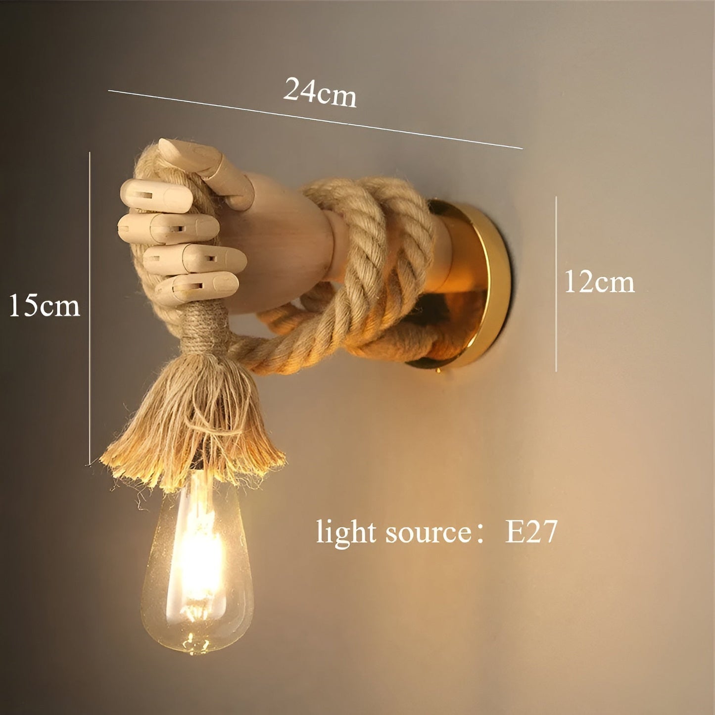 Lampada da parete RetroHand | Corda di canapa e legno fatti a mano | Design vintage con portalampada E27