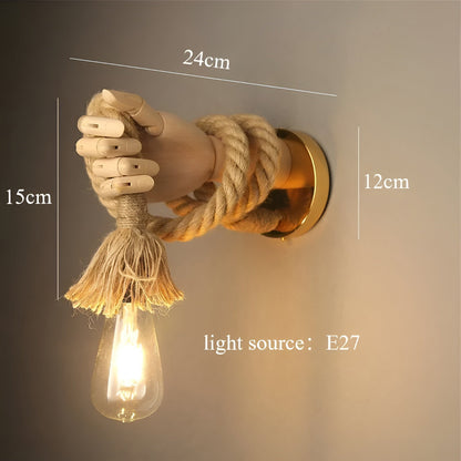 Lampada da parete RetroHand | Corda di canapa e legno fatti a mano | Design vintage con portalampada E27