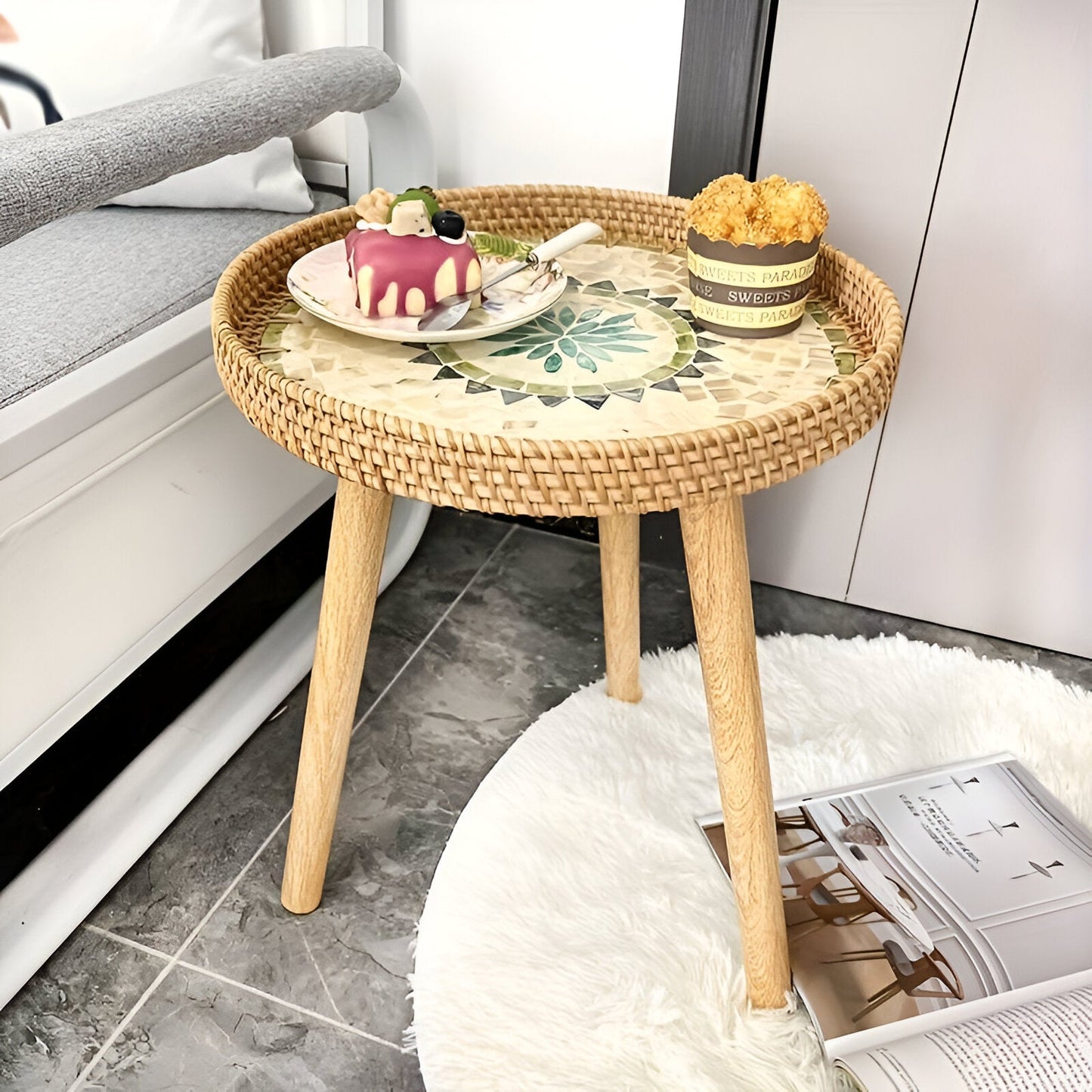 Ravnea Cirque | Runder Couchtisch aus Holz und handgeflochtenem Rattan