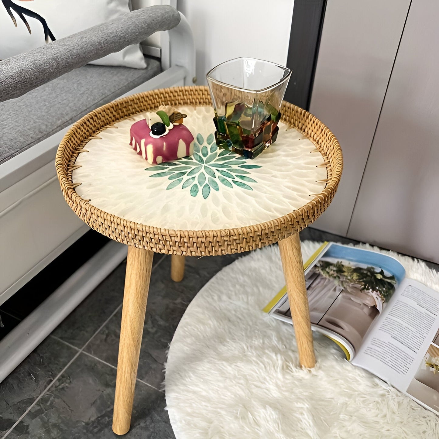 Ravnea Cirque | Runder Couchtisch aus Holz und handgeflochtenem Rattan