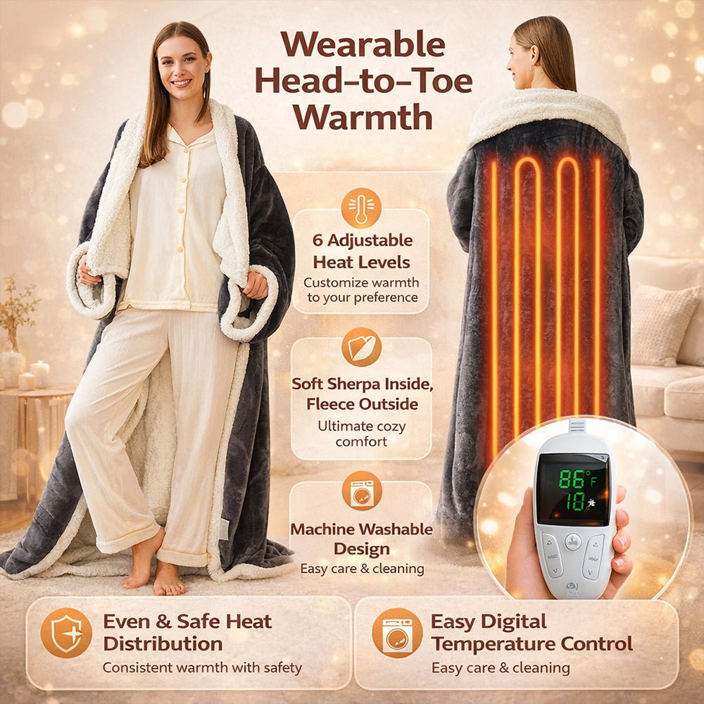 Kuschelo | Manta eléctrica portátil de forro polar Sherpa con mangas y 6 niveles de calor
