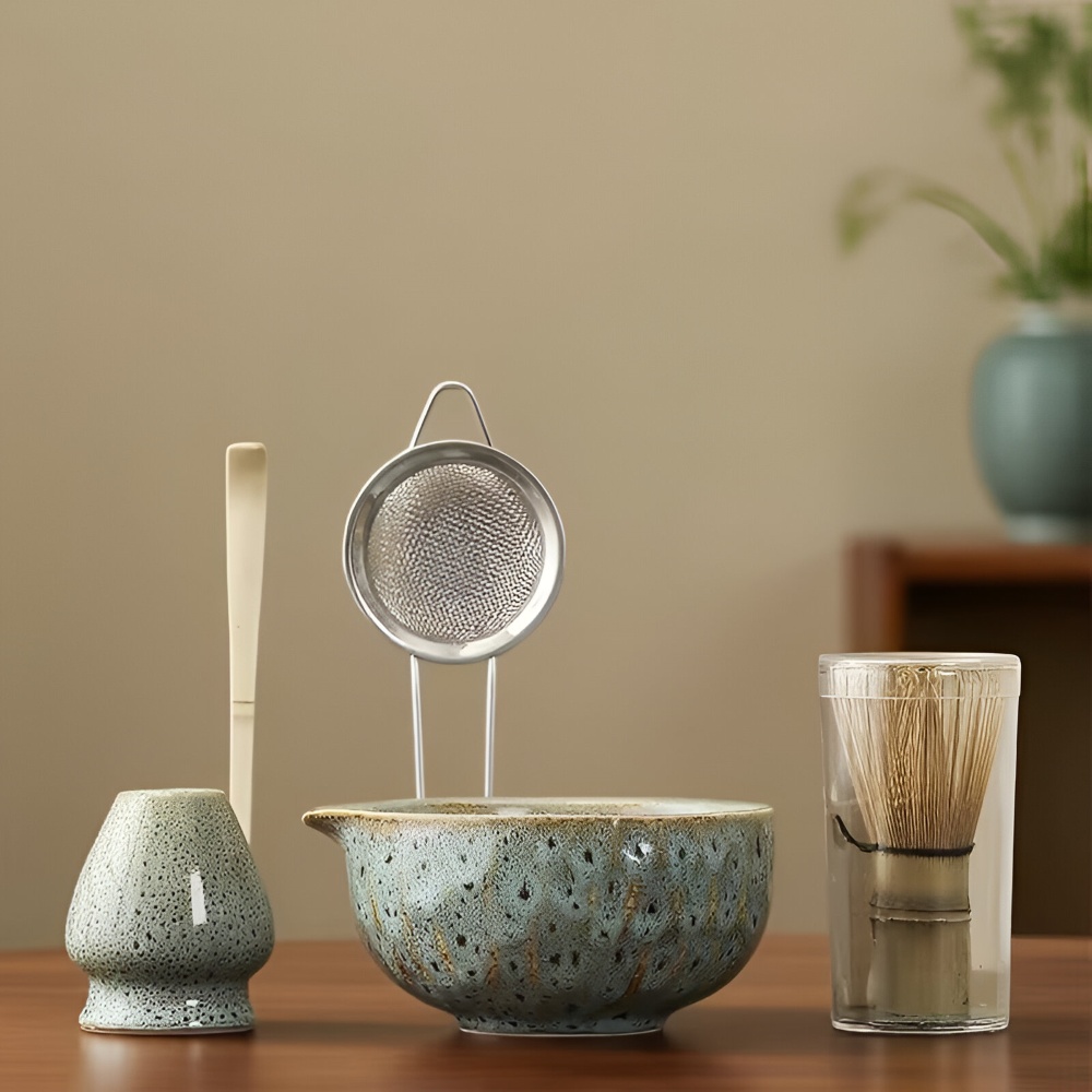 Set Matcha 5 pezzi | Ciotola in ceramica fatta a mano | Servizio da tè giapponese | Con accessori in bambù