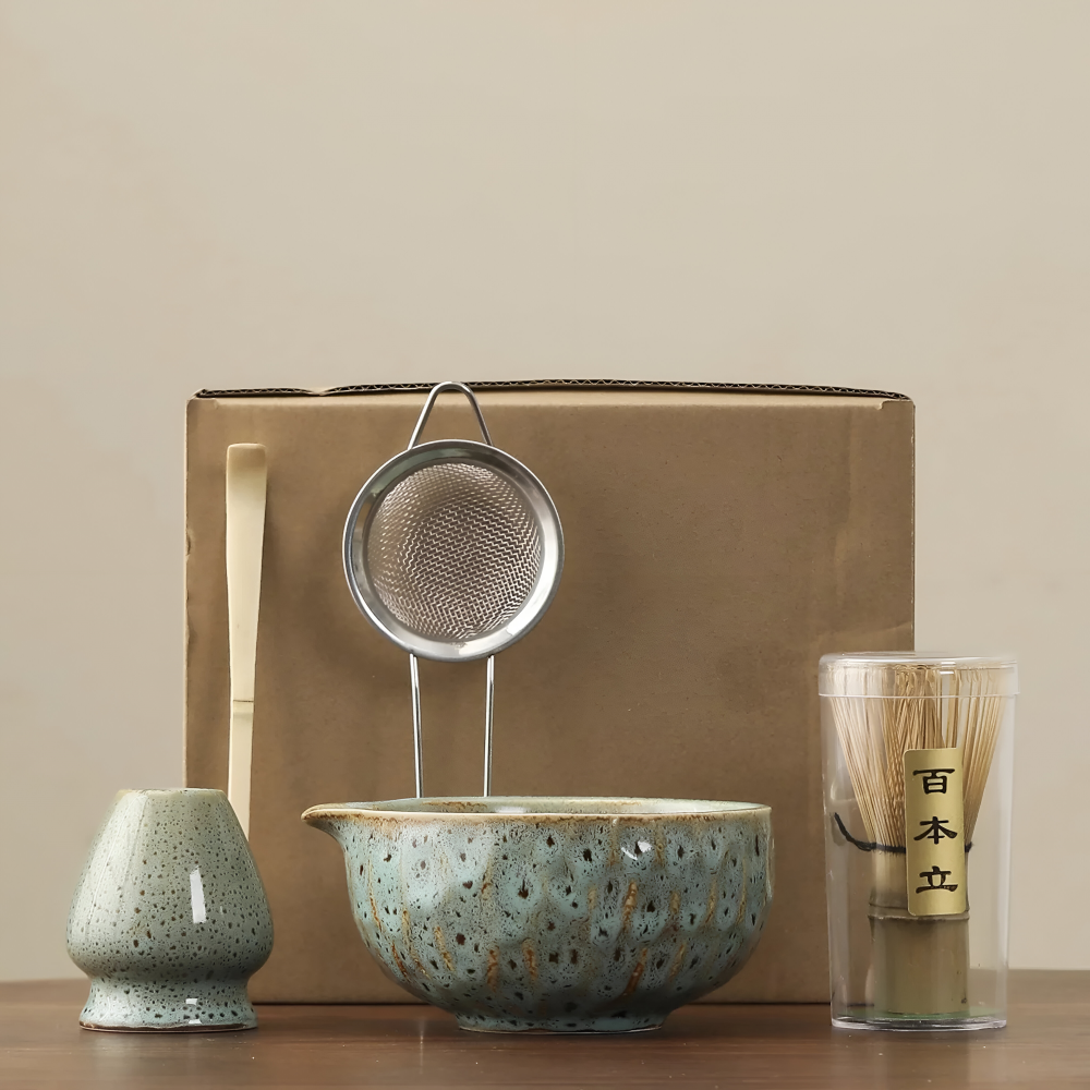 Set Matcha 5 pezzi | Ciotola in ceramica fatta a mano | Servizio da tè giapponese | Con accessori in bambù